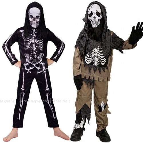 Halloween Horror Print Skeleton Jumpsuit Kids Boy Masquerade Ghost Zombie Scary Cosplay Costume Carnival Party Rompers Mask Hat