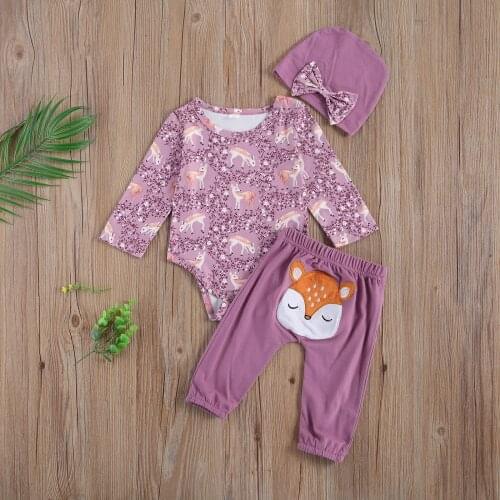 0-18M Newborn Baby Girls Lovely Clothes Sets 3pcs Cartoon Animal Print Long Sleeve Romper Pants Hats