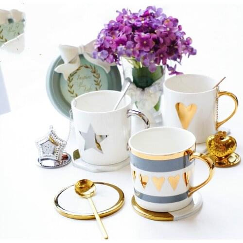 Creative Golden Ceramic Mug Porcelain Coffee Mug China Bone Milk Tea Cup Love Heart Stripe 350ML Home Kitchen Drinkware