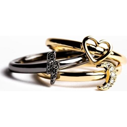 Fashion Women Ring Plating Gold Gun Color Love Lightning Moon Diamond Embellishment Design Ring Set