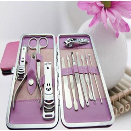 100pcs/sets Pink box 12pcs Stainless Steel Manicure Kit Nail Clipper Plier Tweezer Scissor EarPick Set Professional Grooming Kit