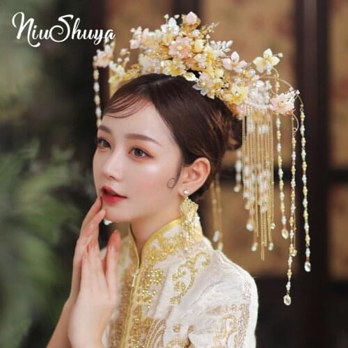 NiuShuya Tradition Chinese Luxury Gold Pink Flower Garland Bridal Crowns Phoenix Coronet Headpiece Wedding Hair Accessories