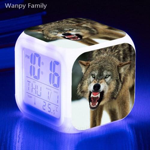 Arctic Wolf Alarm Clock 7 Color Glowing LED Digital Clock For Childrens room Desktop Multi-function Color Changing Alarm Clock