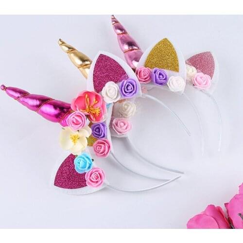 Girl Baptism Birthday Headband Horn Gold Glittery Artificial Flowers Ears Headwear Princess Unicorn Theme Baby Shower Party Gift