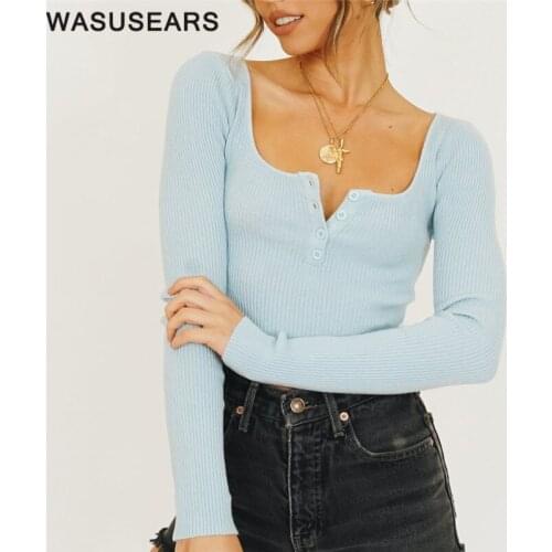 Solid color sweater long sleeve crop top knitted sweater women blue sweater pullover square neck sweater button up autumn 2020