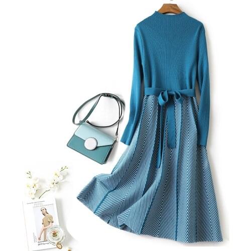Autumn Women Knitted Dress Turtleneck Drawstring Sashes Swing Dresses Ladies Long Sleeve Stripes Knee-length A-line Slim Dress