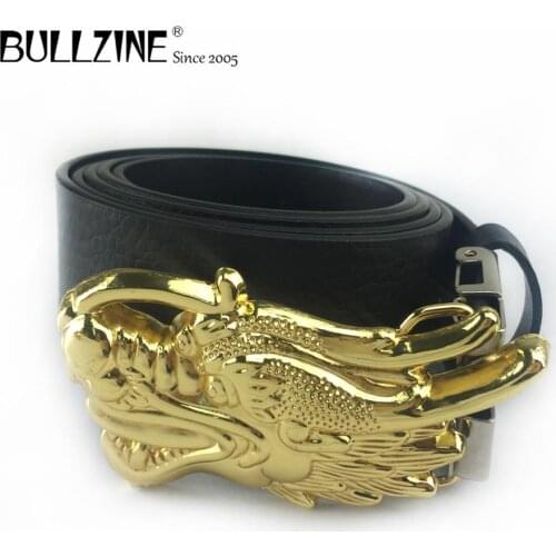 Bullzine zinc alloy gold dragon head belt buckle cowboy jeans gift belt buckle gold finish free PU belt 02764-2 drop shipping