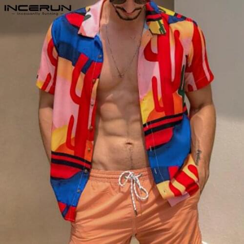 INCERUN 2021 Summer Printed Shirts Men Short Sleeve Lapel Neck Camisa Hawaiian Beach Floral Blouse Man Loose Button Shirts S-3XL
