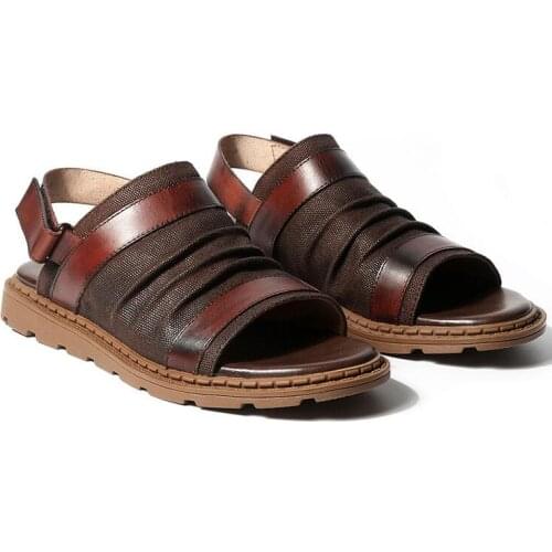 Mens black Summer high shaft leather sandals comfortable genuine cow leather open toe Roman sandals old men beach shoes
