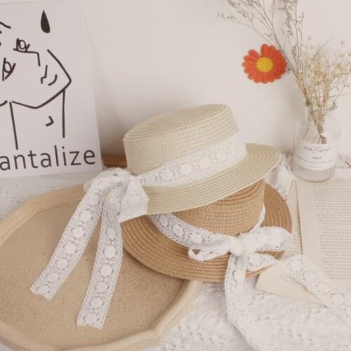 2021 New Baby Girl Straw Hat Sunhat Lace Bowknot Beach Round Summer Head Accessory Kids Princess Travel Fisherman Hat