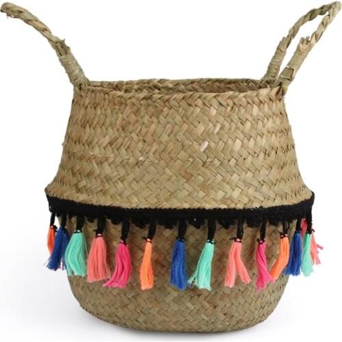 Seagrass Wickerwork Basket Rattan Foldable Hanging Flower Pot Woven Laundry Hamper Storage Basket Home Decor
