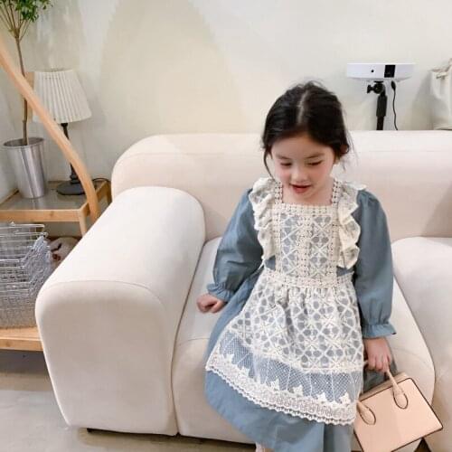 Spring Korean Style Fake Two Piece Toddlers Kids Lace Princess Dress with Blets Long Sleeve Baby Girls Party Dresses Ball Gown