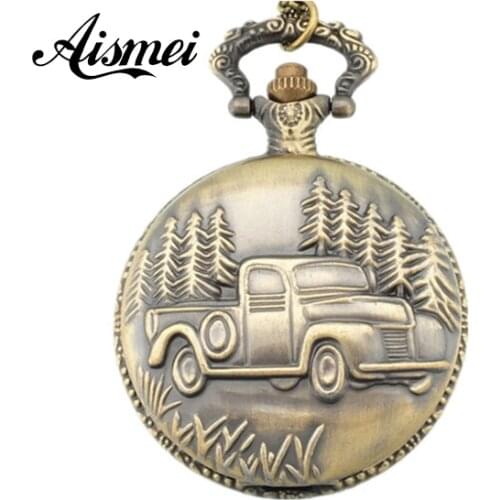 Vintage Bronze Retro Big Truck Forest Tree Pocket Watch with Chain for Car Truck Driver Pocket Watches 5pcs/lot