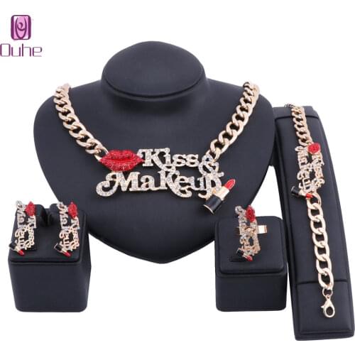 Women Crystal Red Sexy Lip Enameled Lipstick Kiss Make Up Wedding Jewelry Sets For Bride Party Costume Accessories Decorations