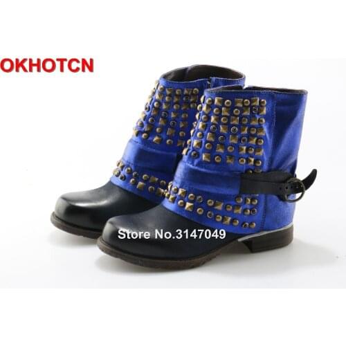 Blue Black Retro Genuine Leather Women Ankle Boots Rivets Studded Martin Boots Buckle Strap Botas Altas Mujer Shoes
