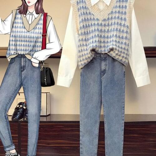 2021NewWomen Sets 3 Pieces Outfits Plus-size 3XL Elegant Fashion Office Ladies Simple Shirt+ Retro Knitted+ Vest Straight Jeans