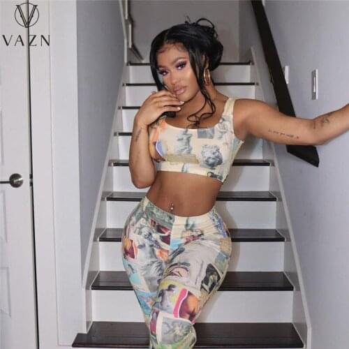 VAZN 2021 Spring Summer Tracksuits High Street Young Free Soft Sexy Mini Tank Long Pants High Waist Women 2 Piece Set
