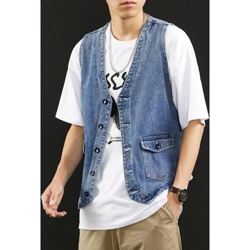 Men Sleeveless Slim Fit Suit Waistcoat England Style Fashion Vintage Men Vest Retro Blue Buckle Designer Casual Denim Vest