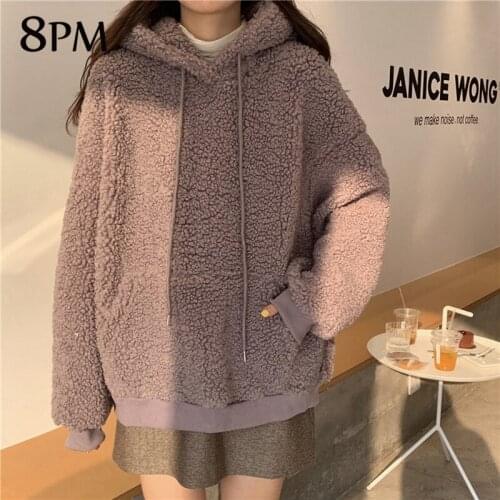 Winter Hoodies Women Cute Bear Casual Solid Color Hoodie Large Size Sweatshirt Fleece Long-sleeved Pullover Loose Top ouc1155