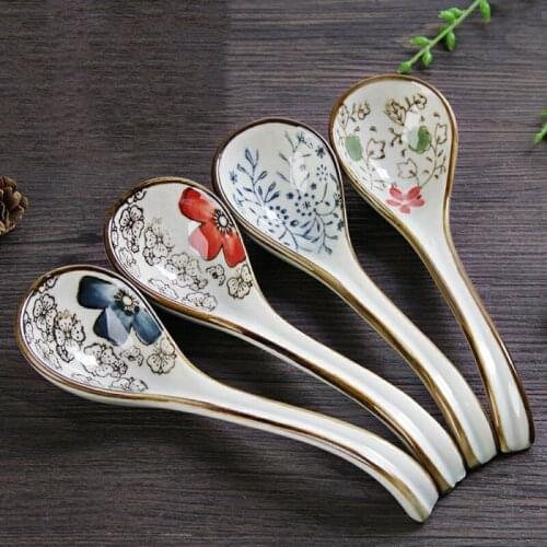 1PC Japanese Style Soup Spoon Ceramic Tableware Colorful Glaze With Long Handle Kitchen Cutlery Supplies