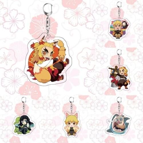Anime Demon Slayer Acrylic Keychains Cute Brinco Blade of Ghost Key Chain Rengoku Kyoujurou Bag Pendant Kimetsu No Yaiba Keyring