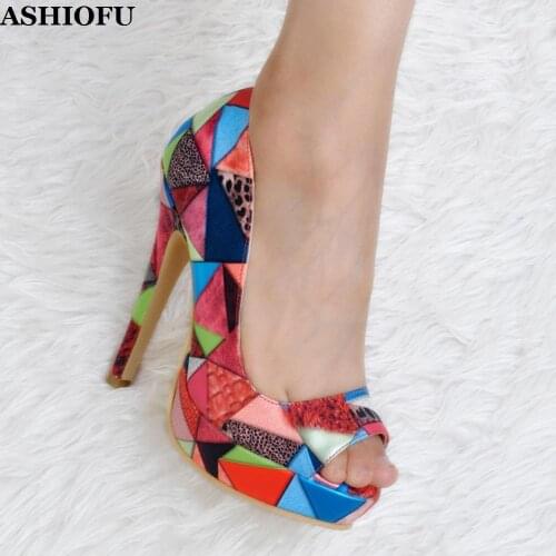 ASHIOFU New Handmade Ladies High Heel Pumps Peep-toe Slip-on Party Prom Dress Shoes Platform Evening Multicolored Fashion Shoes