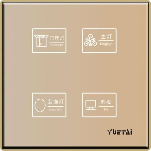 C6 series smart touch glass panel wall switch four open golden color