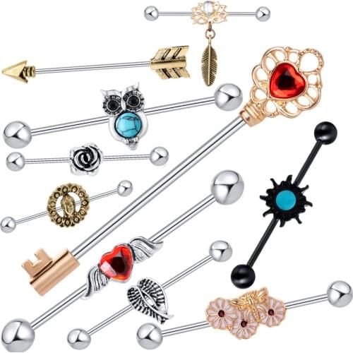 TIANCIFBYJS 2pcs Black Silver Arrow Long Industrial Barbell Straight 316L Stainless Steel BodyEar Piercing Jewelry Cartilage