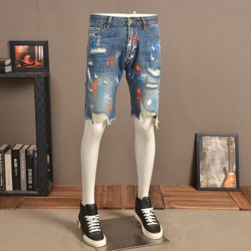 Painting Ripped Hole Denim Shorts 2021 Summer Men Printed Knee Length Pants Streetwear Casual Short Jeans