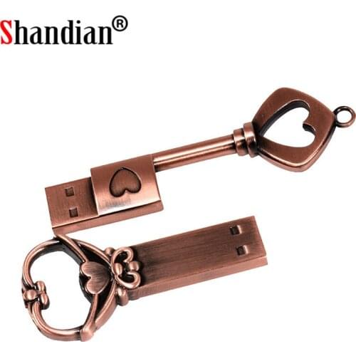 SHANDIAN Copper love heart shaped key usb flash drive pendrive pen drive 4gb 16gb 32gb 64GB metal keys memory Stick wedding gift