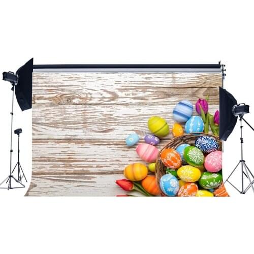 Happy Easter Backdrop Painted Eggs Blooming Flowers Basket Rustic Peeled Stripes Wood Plank Spring Photography Background