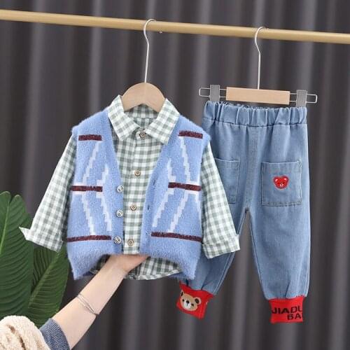New Boy Clothes Shirt Sweater Baby Clothes Fashion Trousers Kids V-neck Vest Trousers Jeans 3pcs Suit Baby Leisure Kids Clothing