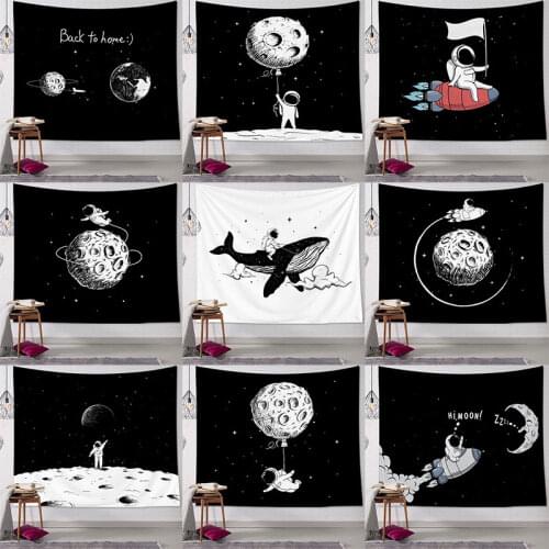 New Arrival Black White Planet Astronaut Pattern Tapestry Home Decor Simple Nordic Plane Wall Hanging Tapestry Fabric Polyester