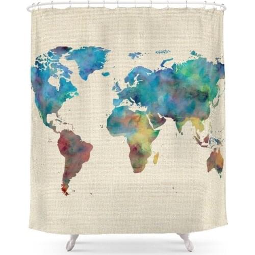World Map Watercolor Linen Cotton Texture Blue Red Yellow Green Shower Curtain