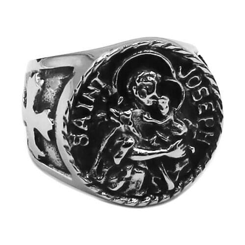 Classic Silver Color Saint Joseph Ring Stainless Steel Jewelry Fashion Punk Cross Biker Mens Boy Ring Wholesale SWR0975A