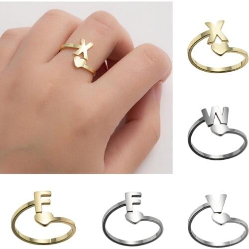 Unisex Gold Silver Color A-Z 26 Letters Initial Name Rings for Women Men Geometric Creative Heart Love Finger Rings Jewelry