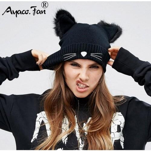Lovely Cat Ears Women Hat Hat Knitted Acrylic Warm Winter Beanie Caps Crochet Fur 2019 New Lady Girls Female Cute Casual Beanies