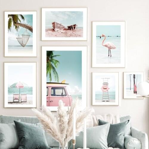 Wall Art Canvas Painting Flamingo Beach Boat Surfboard Van Travel Nordic Posters And Prints Wall Pictures For Living Room Decor
