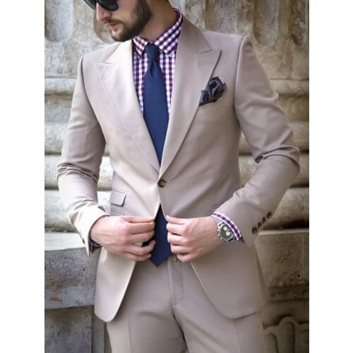 ANNIEBRITNEY Beige 2 Piece Slim Men Business Suit Tailor Made Groom Wedding Tuxedo 2 Piece Prom Wedding Business Men Suit Set