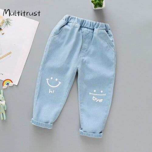 2020 Autumn Toddler Baby Boy Girl Kids Jeans Pants Smile Print Elastic Waist Fashion denim Children 3-8years