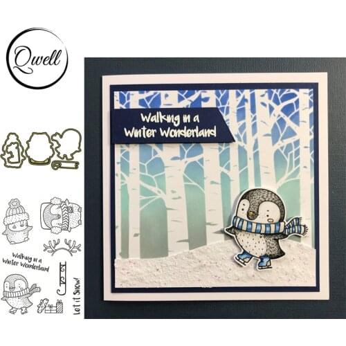 QWELL Cutting Dies With Clear Stamps Let It Snow Penguin Skiing Winter Dress Up Scene DIY Scrapbooking Making Template 2021 New