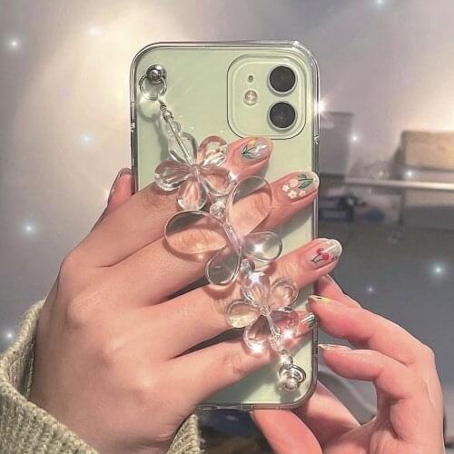 Crystal Butterfly Wrist Chain Case For iPhone 12 Pro 12ProMax 12mini 11ProMax XR XS 7 8 Plus Flowers Transparent Strap TPU Cases