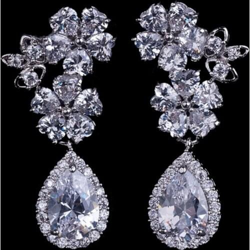 Earring clips no pierced ear Lovely Heart Shape Flower Clear Long Tear Drop CZ Stones Bridal Crystal Wedding For Brides