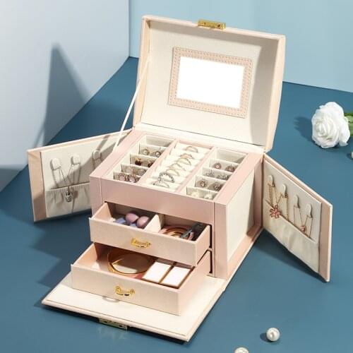 Casegrace Luxury 3Layers Jewelry Storage Box With Mirror Drawer PU Leather Stud Earring Ring Necklace Jewellery Case Casket