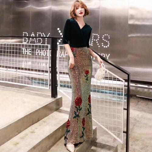 Evening Dresses V-Neck Half Sleeves Flowers Sequins Zipper Back Mermaid Floor-length New Plus size Women Formal Party Dress C230