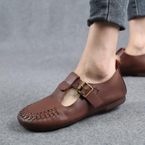 YourSeason Ladies Buckle Strap Flats Genuine Leather 2021 Spring Autumn Female Round Toe Handmade Shallow Casual Shoes