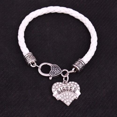 Family Member Jewelry Sister carving Crystal Heart pendant with 7.8" Pure White Leather chain Lobster Claw Bracelet