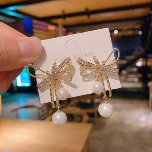 ZDMXJL 2021 New Arrival Fashion Womens Earrings Fine Zircon Bowknot Pearl Earrings For Women Party Jewelry Gifts Drop-shipping