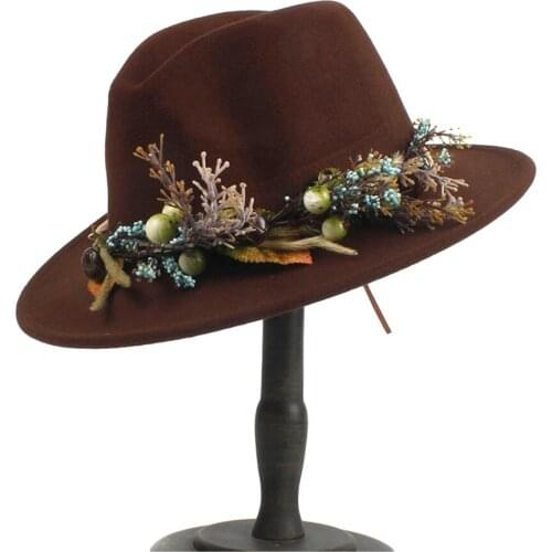 Women Wool Outback Fedora Hat With Wide Brim Flower Elegant Lady Jazz Church Fascinator Hat 2Size 56-60CM