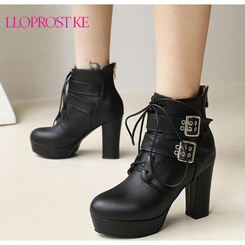 Lloprost ke Metal Breasted Fashion Thick High Heel Round Toe Sweet Pink Ankle Boots Cross Straps Back Zipper Ladies Short Boots